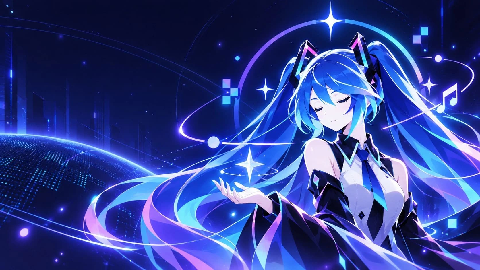 MIKU in a luminous blue digital universe